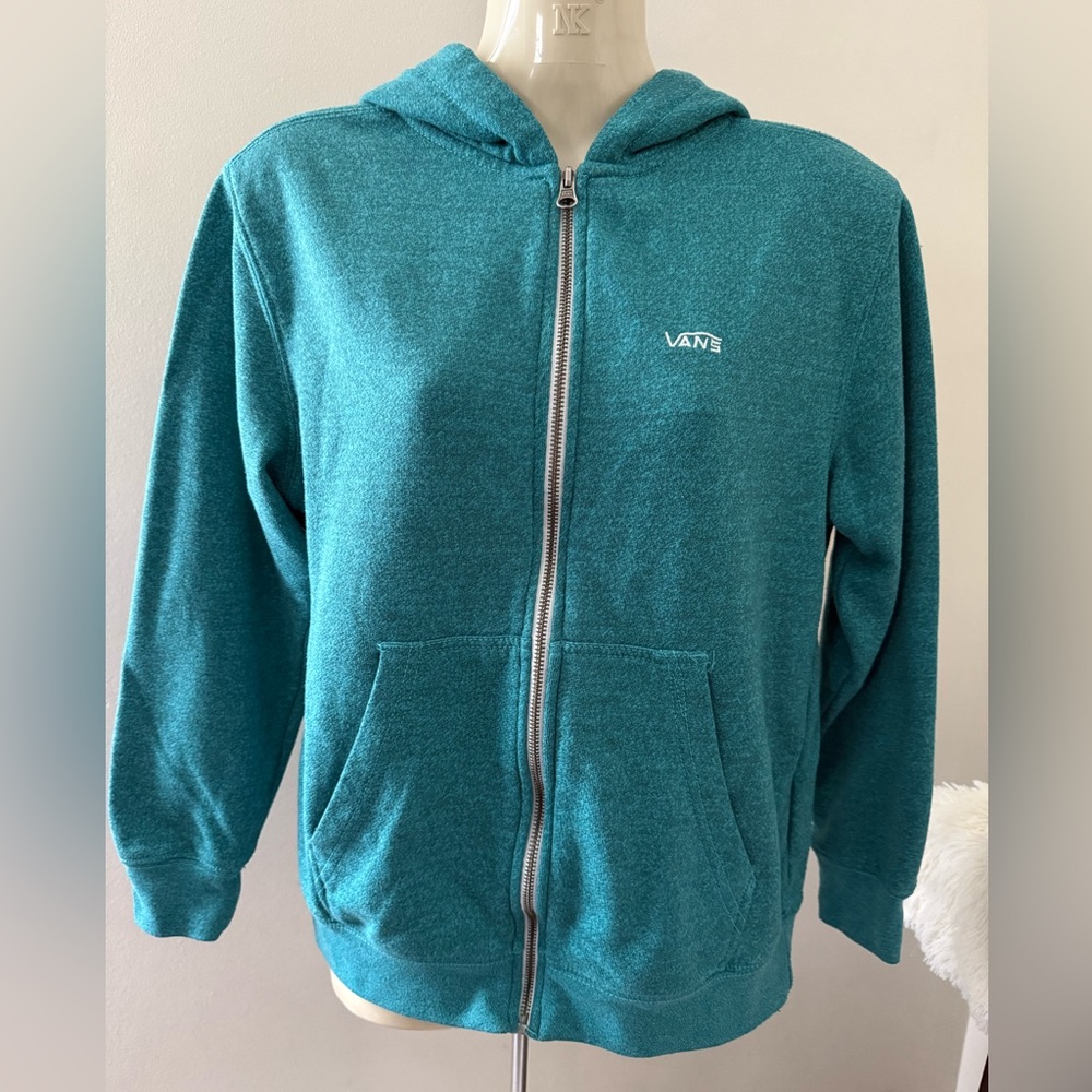 22. Vans Blue Green Zip-Up Hoodie Jacket with Hood and Ribbed Cuffs